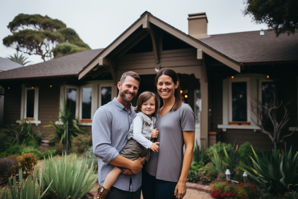 small family standing in front of their first home