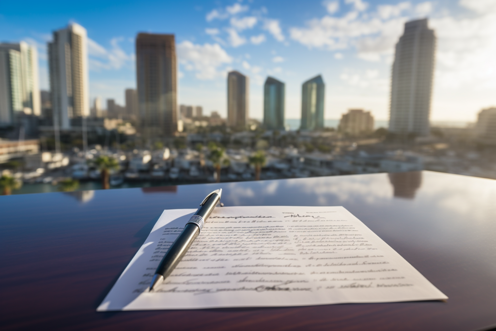 a mortgage contract on a table with San Diego skyline in the background