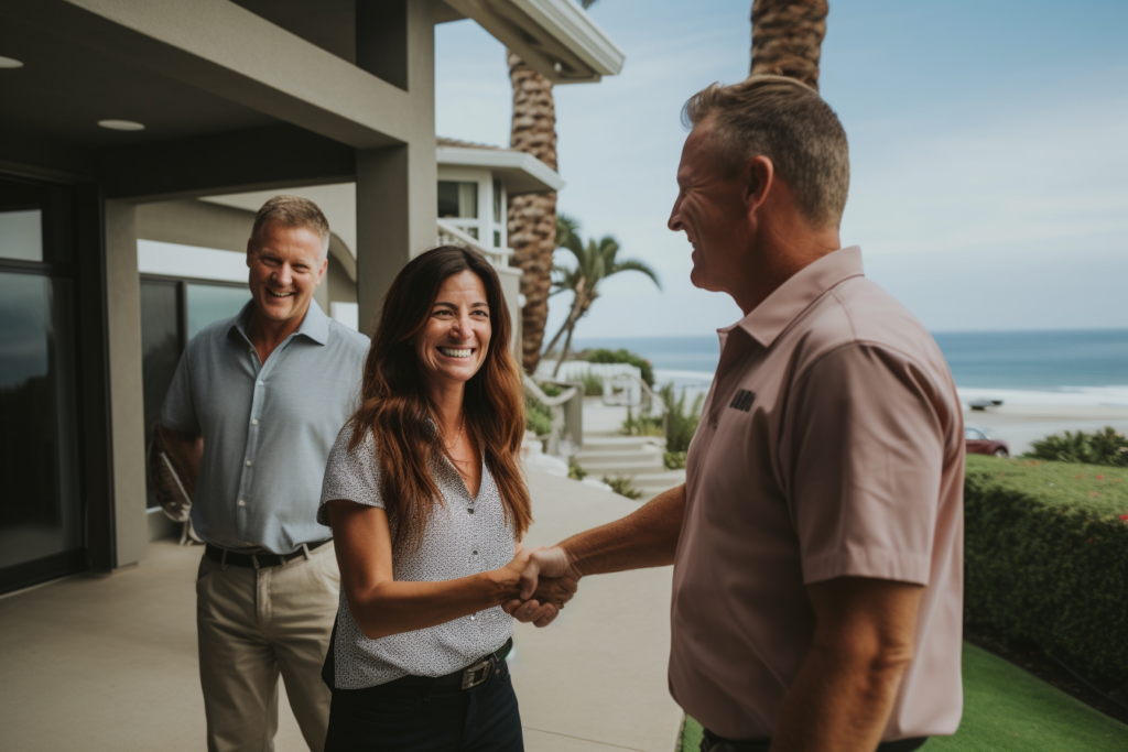 real estate agent shaking hands with new home buyer
