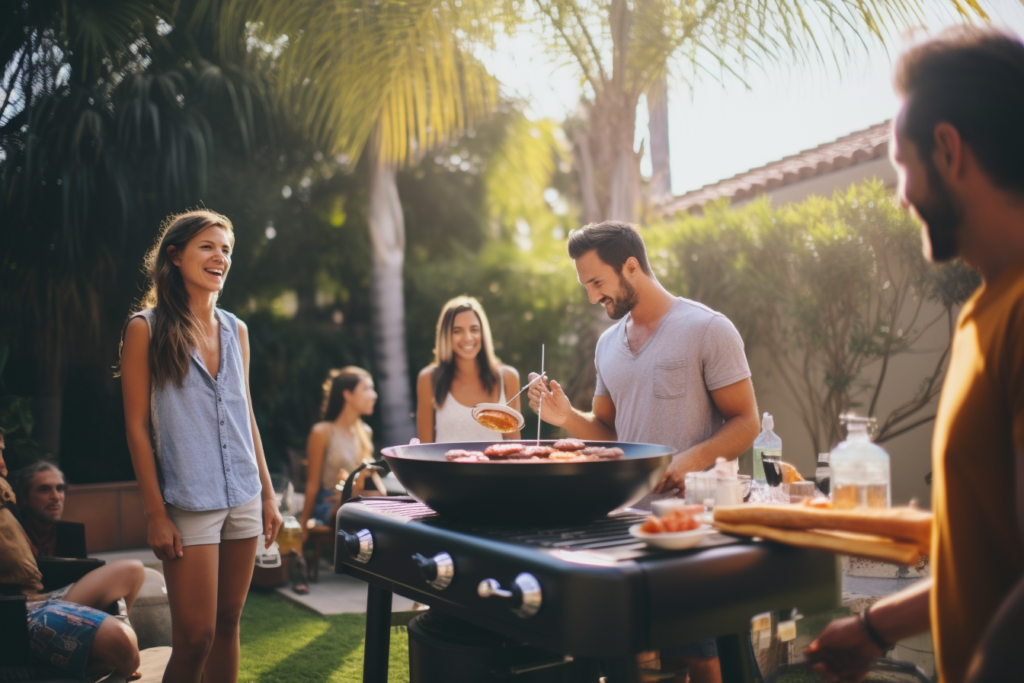 young friends hanging out laughing in a San Diego backyard.