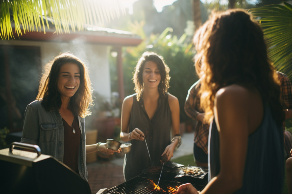 young group of new home owners hanging out in their backyard.